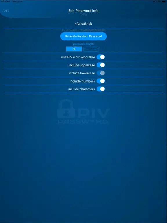PIV Password iPad  スクリーンショット