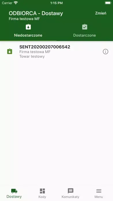 Zrzuty ekranu SENT Dostawy