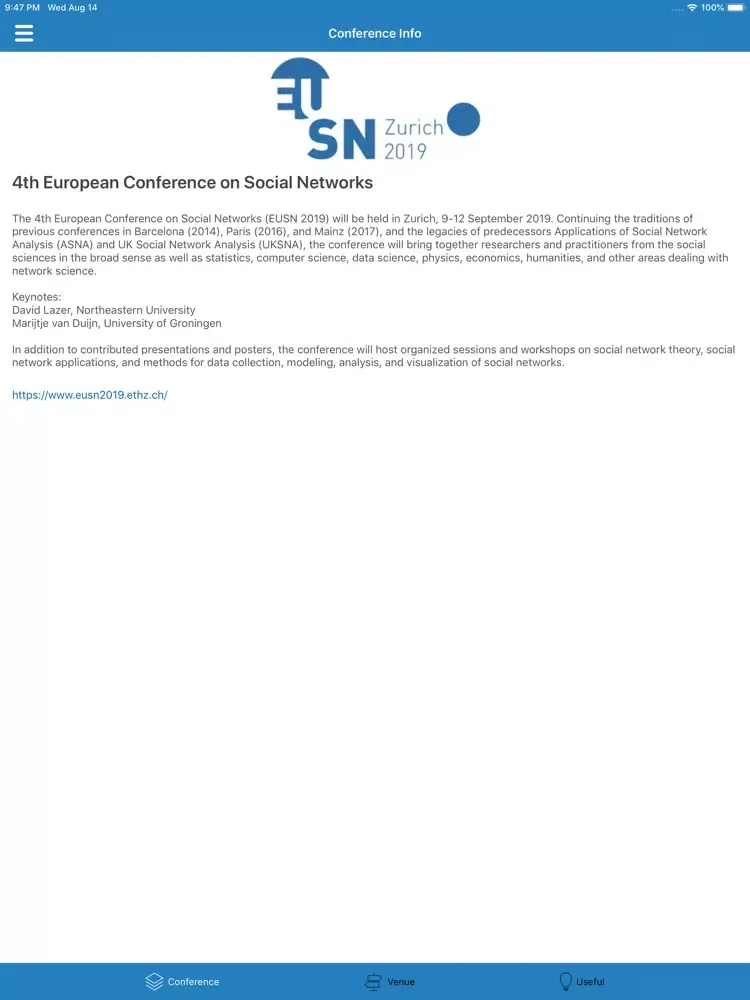 Capturas de pantalla de EUSN 2019 conference app iPad 