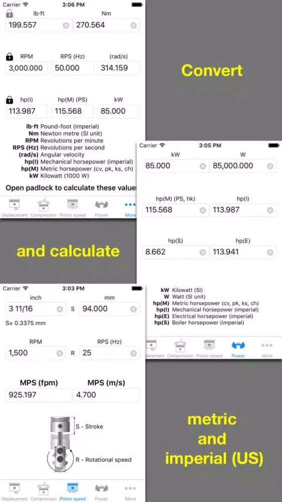 PistonCalc: Multipurpose Engine Calculator with unit conversion سکرین شاٹس