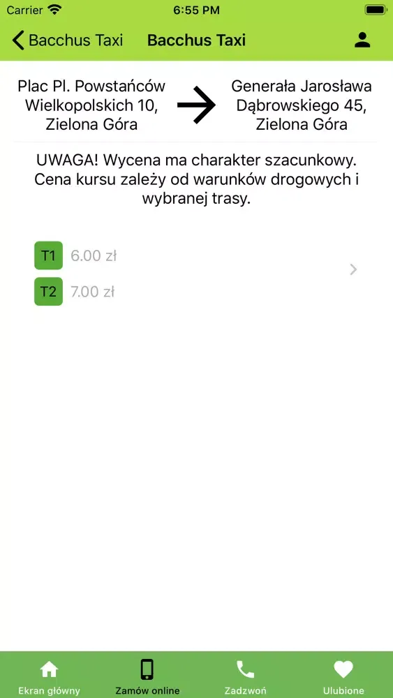 Tangkapan skrin Bacchus Taxi Zielona Góra