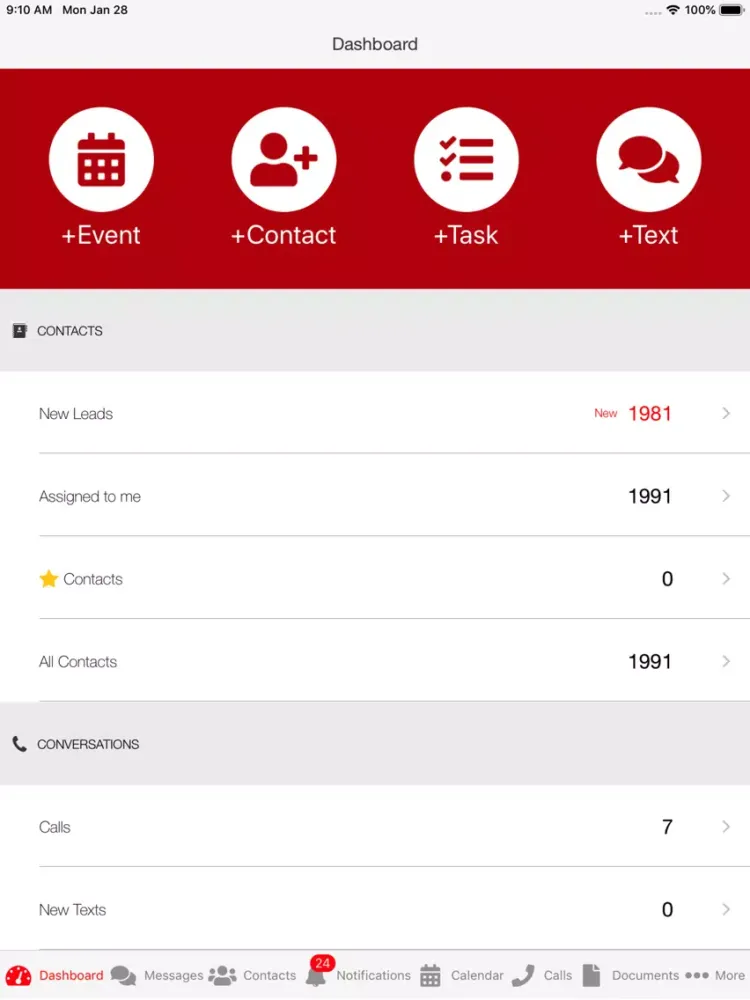 Ảnh chụp màn hình của Pro Agent CRM iPad 