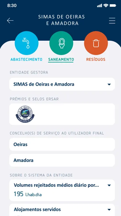 Capturas de tela do ERSAR