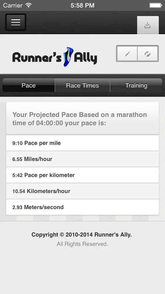 Zrzuty ekranu RUNNING PACE CALCULATOR