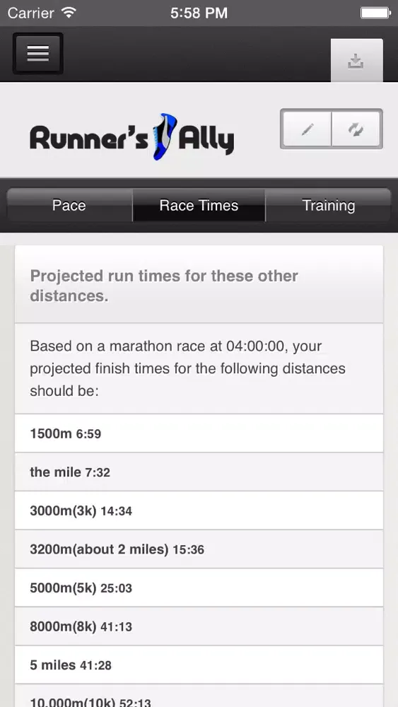Zrzuty ekranu RUNNING PACE CALCULATOR