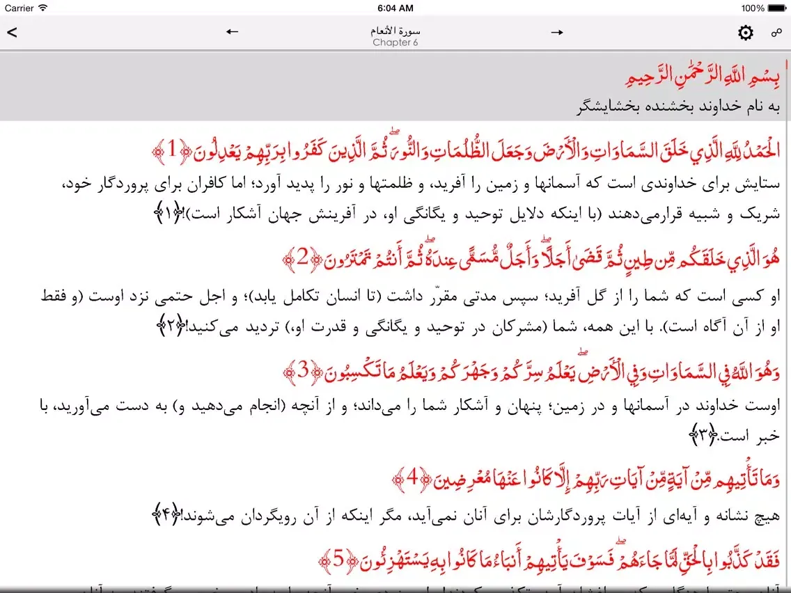 Ảnh chụp màn hình của Quran Farsi iPad 