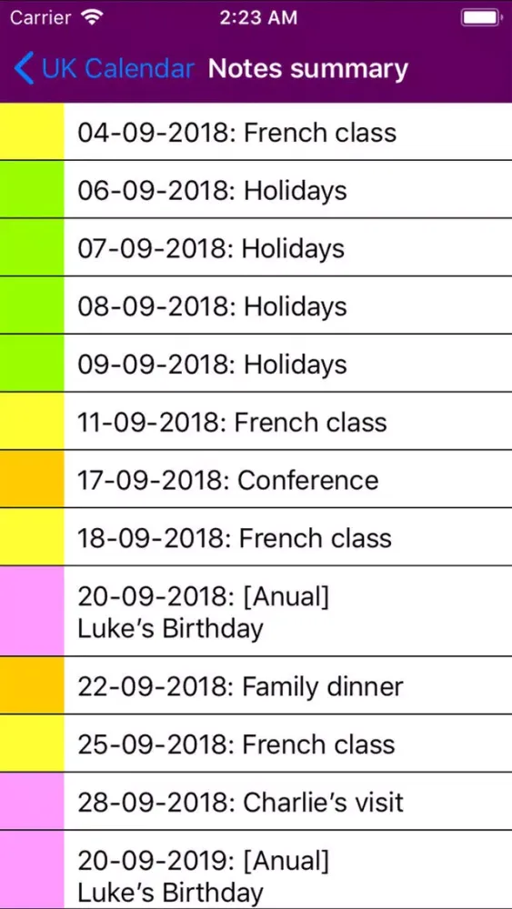 Zrzuty ekranu 2019 UK Holiday Calendar