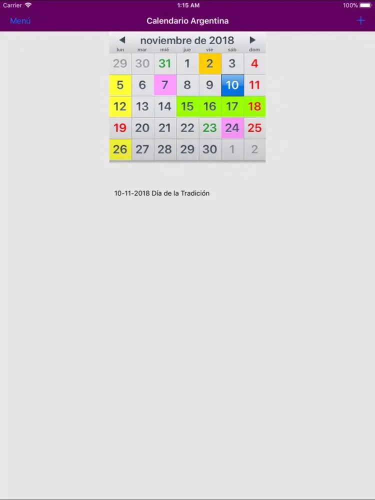 Tangkapan layar Calendario 2019 Argentina NoAd iPad 