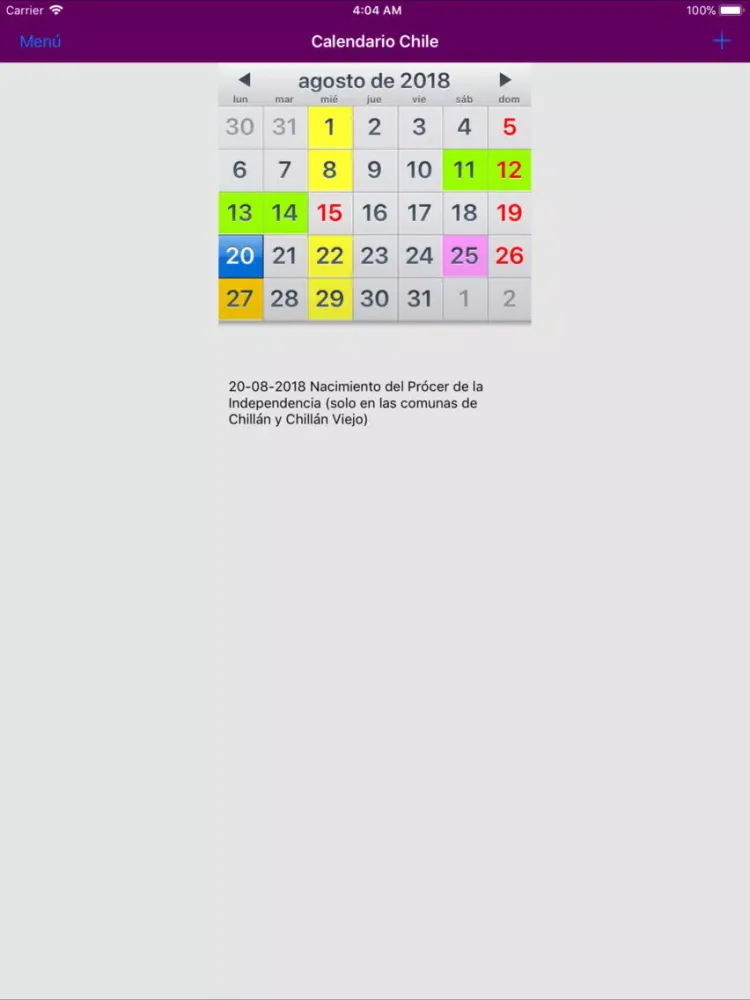 Tangkapan layar Calendario 2019 Chile NoAds iPad 