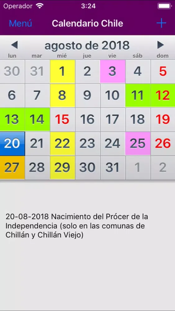 Tangkapan layar Calendario 2019 Chile NoAds