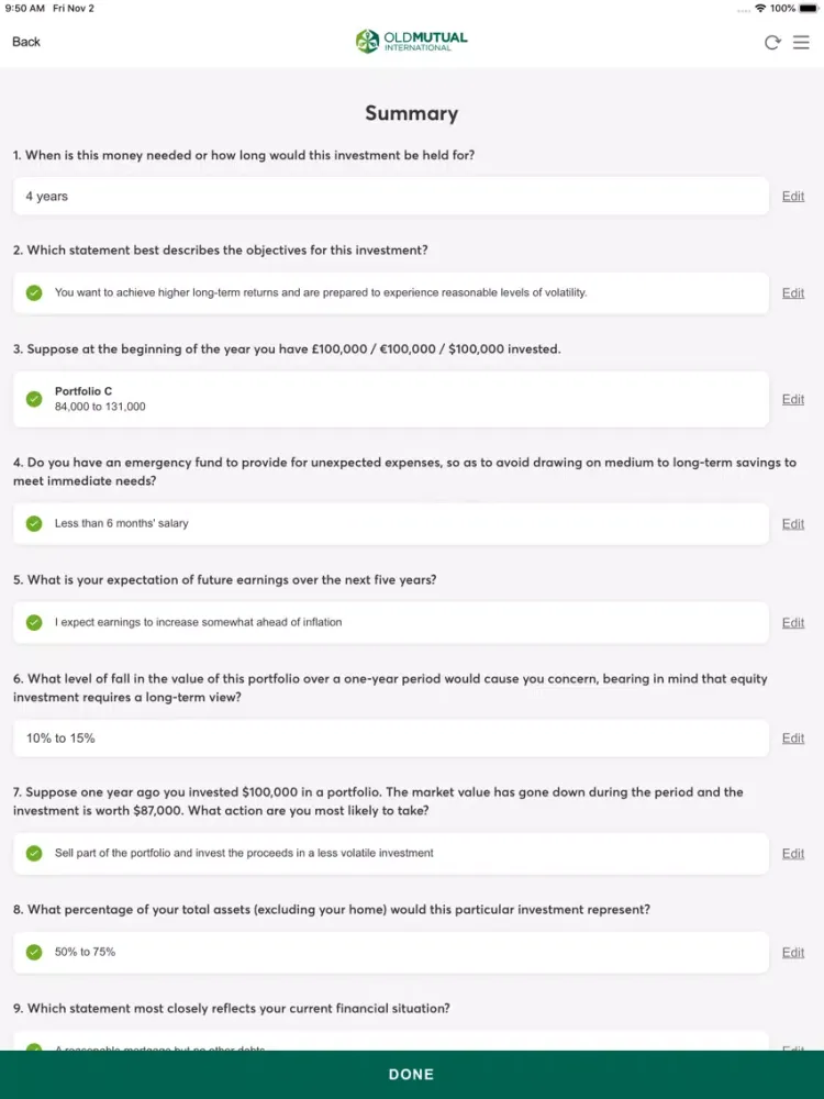 Zrzuty ekranu International Risk Profiler iPad 