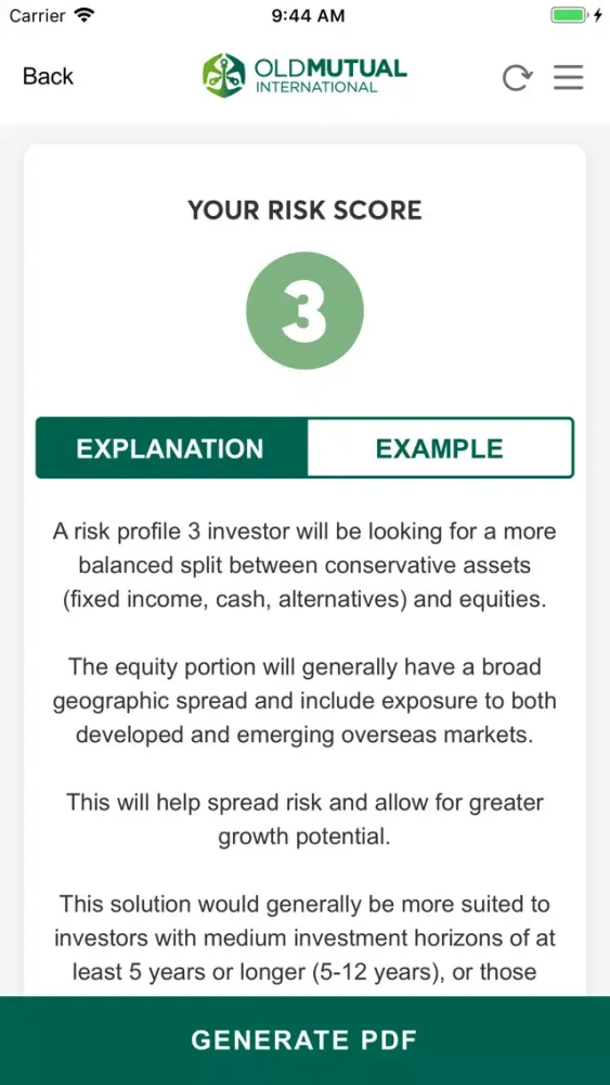 Zrzuty ekranu International Risk Profiler