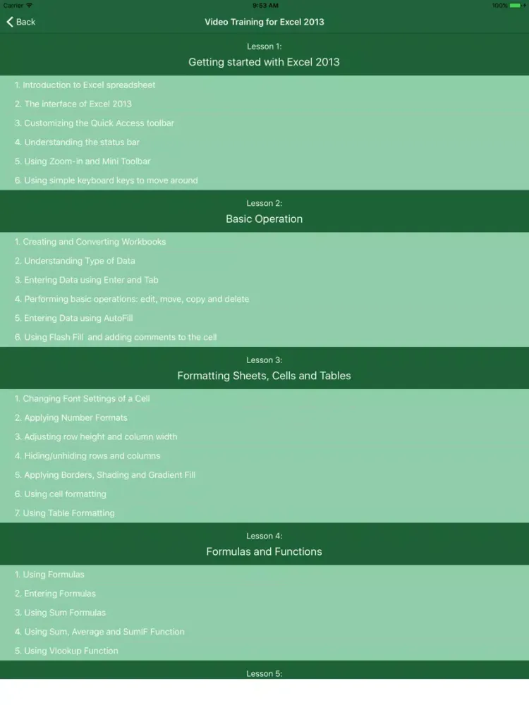 Video Training for Excel 2013 iPad  Screenshots
