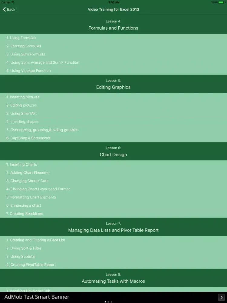 Video Training for Excel 2013 iPad  Screenshots