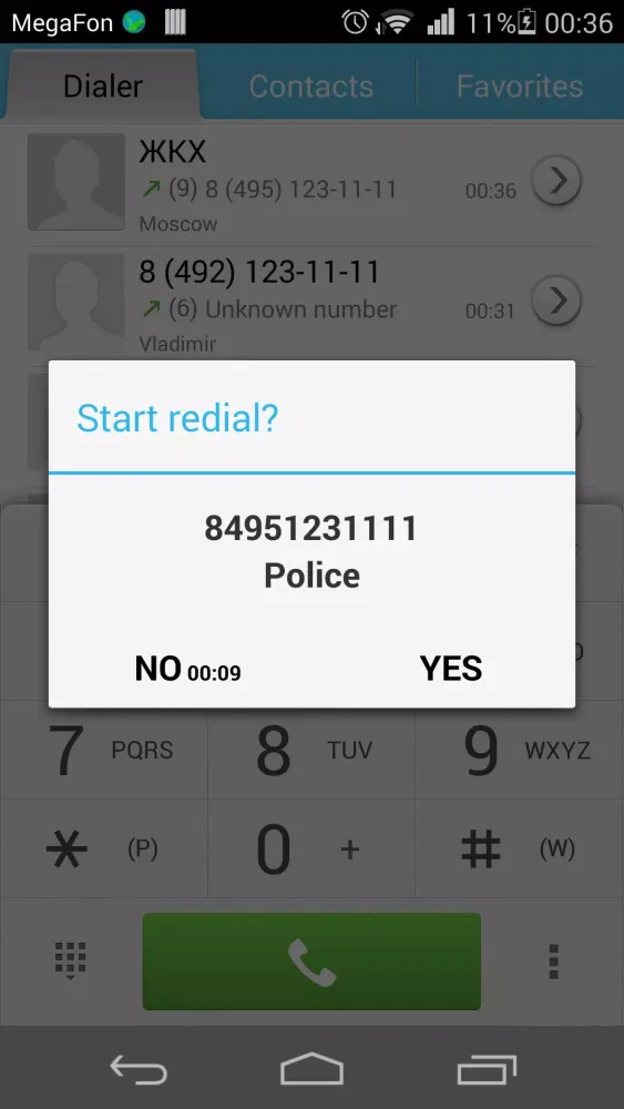 Tangkapan skrin Auto Redial