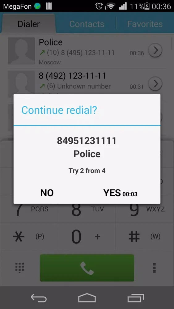 Tangkapan skrin Auto Redial