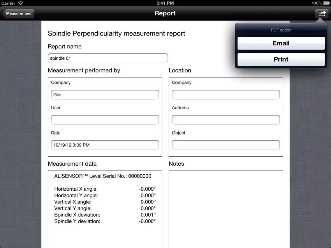 Tangkapan skrin Spindle Perpendicularity for ALiSENSOR™ Level iPad 
