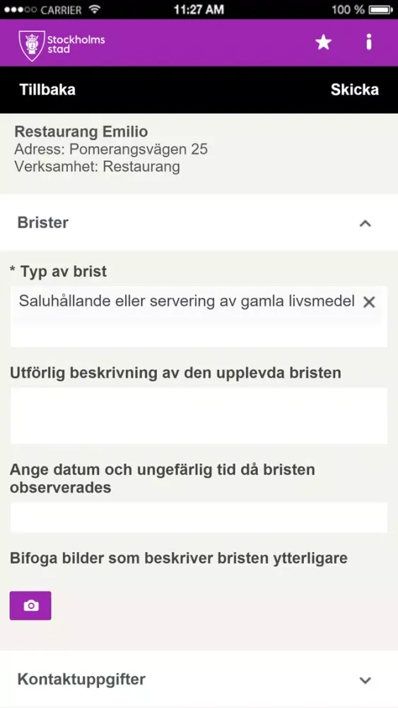 Screenshot di Livsmedelskollen