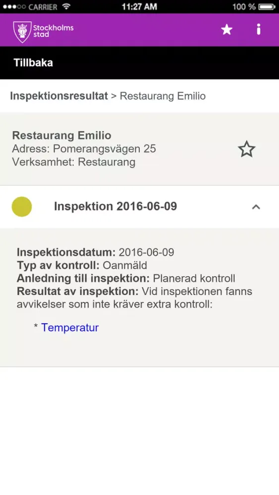 Screenshot di Livsmedelskollen