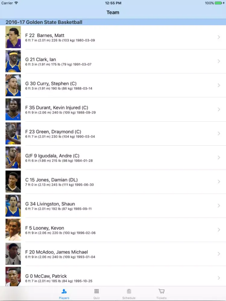 Ảnh chụp màn hình của Golden State Basketball Team Information iPad 