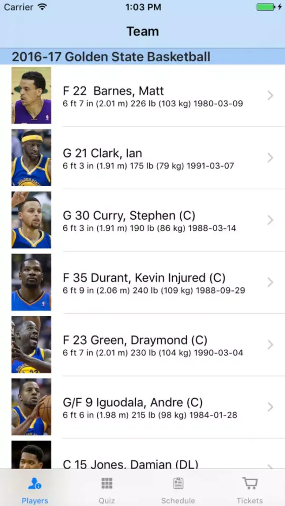 Ảnh chụp màn hình của Golden State Basketball Team Information