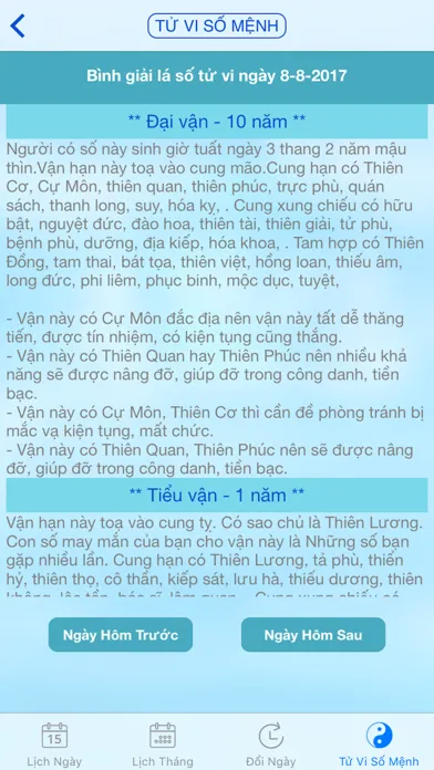 Ảnh chụp màn hình của Lịch vạn niên và Tử vi số mệnh