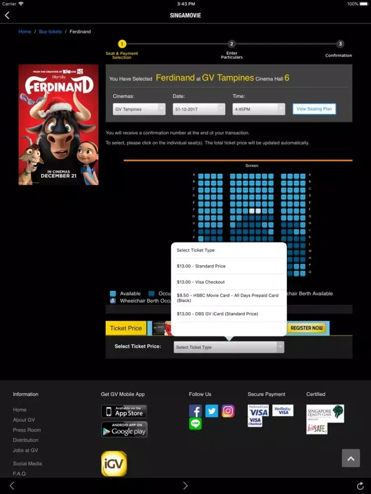 Tangkapan skrin Singamovie - SG Movie Booking iPad 