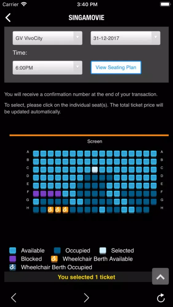 Tangkapan skrin Singamovie - SG Movie Booking