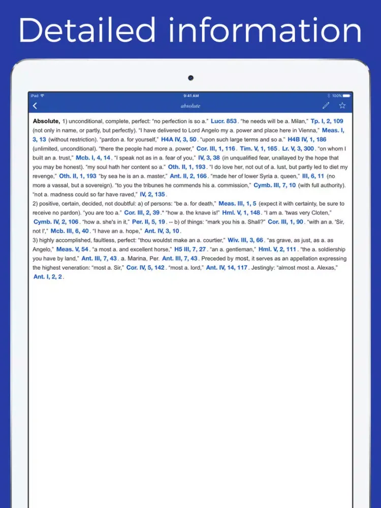 ภาพหน้าจอของ Shakespeare glossary, lexicon and quotation iPad 