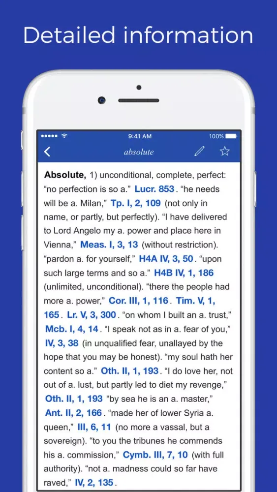 ภาพหน้าจอของ Shakespeare glossary, lexicon and quotation