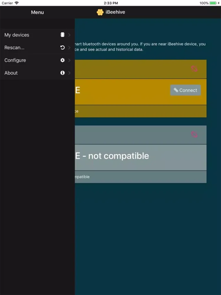 Capturas de tela do iBeehive BLE iPad 