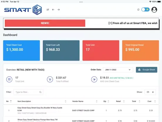 Capturas de tela do Smart FBA Client Portal iPad 