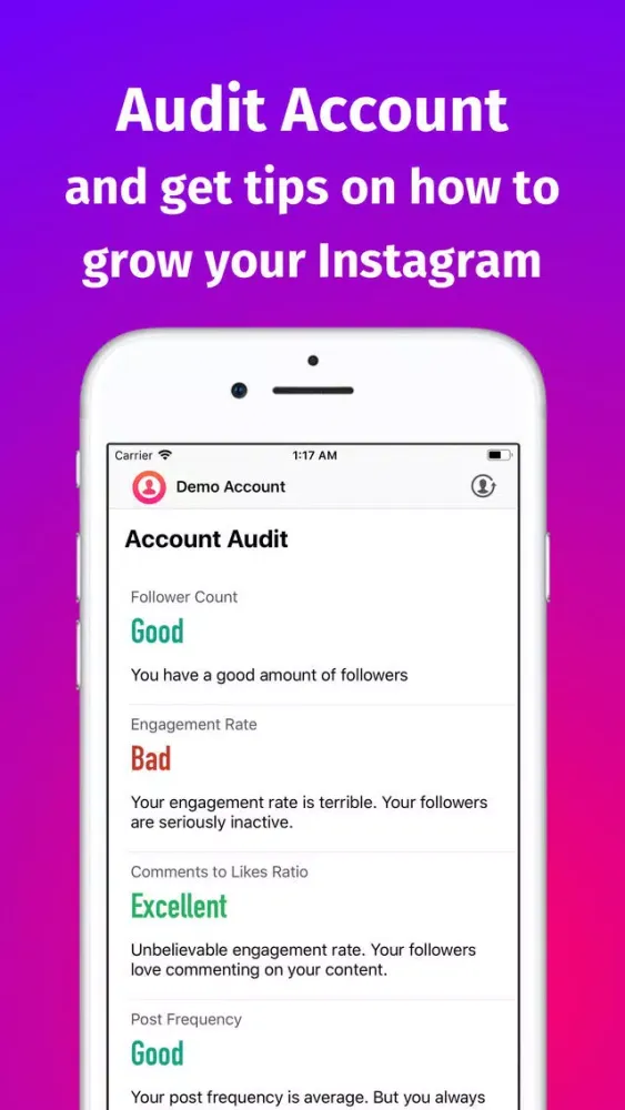 Capturas de tela do Analytics for Instagram Sova