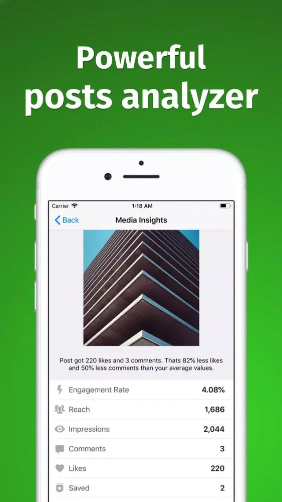 Capturas de tela do Analytics for Instagram Sova