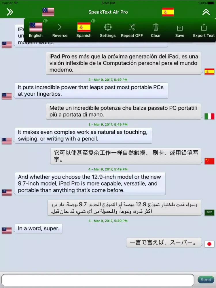 Tangkapan layar SpeakText Air iPad 