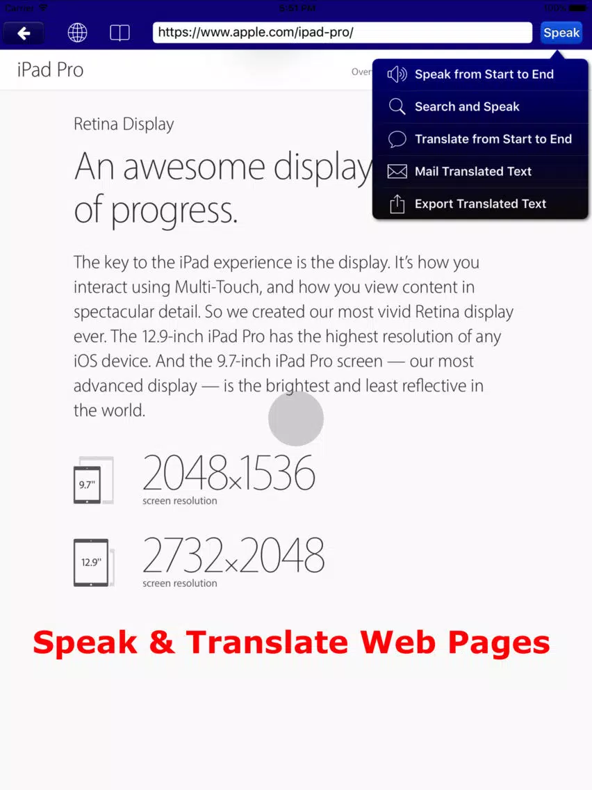 Capturas de tela do SpeakText for Web iPad 