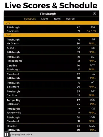 Tangkapan skrin Pittsburgh Football Radio & Live Scores iPad 