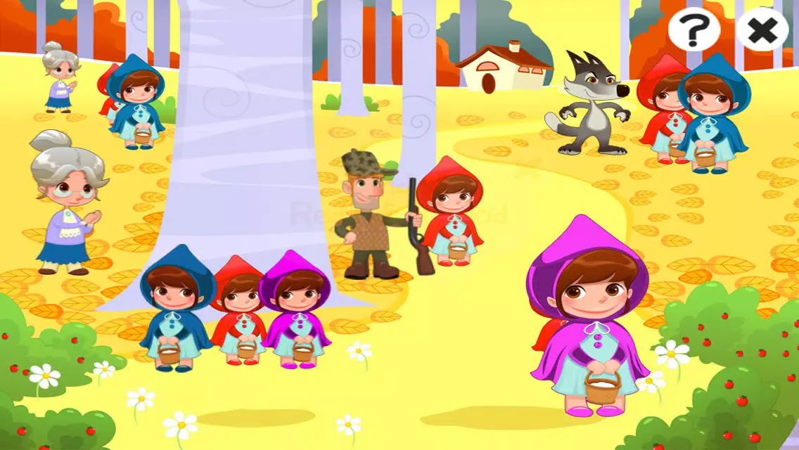 صور Game for children about little red riding hood: Games and puzzles for kindergarten, preschool or nursery school. Learn with girl, red cape, basket, wolf, grandmother, hunter in the forest!