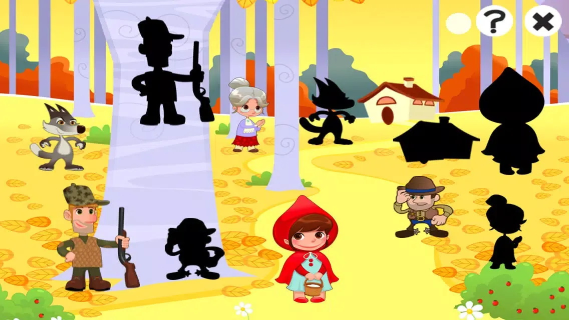 صور Game for children about little red riding hood: Games and puzzles for kindergarten, preschool or nursery school. Learn with girl, red cape, basket, wolf, grandmother, hunter in the forest!