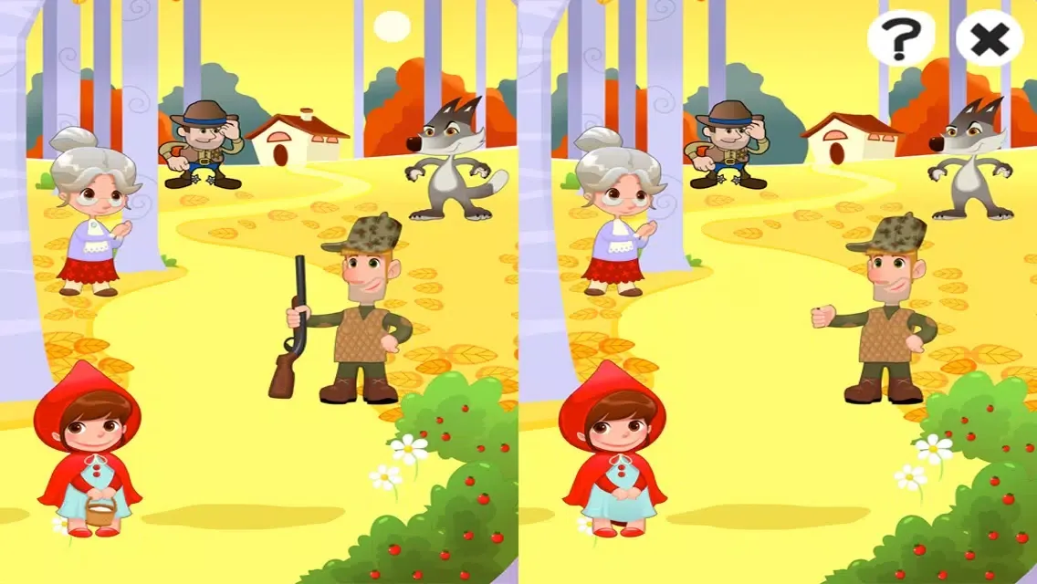 صور Game for children about little red riding hood: Games and puzzles for kindergarten, preschool or nursery school. Learn with girl, red cape, basket, wolf, grandmother, hunter in the forest!