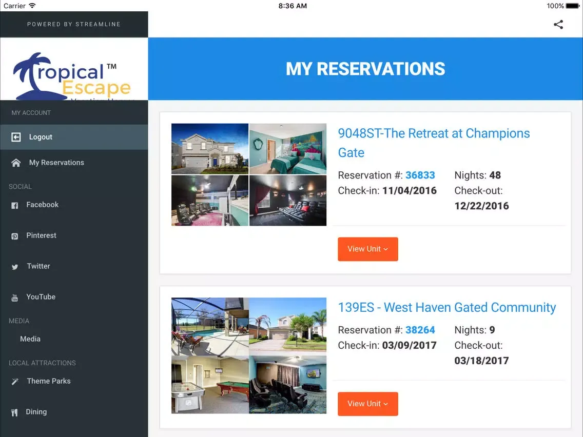 Tropical Escape Vacation Homes Guest App iPad  Screenshots