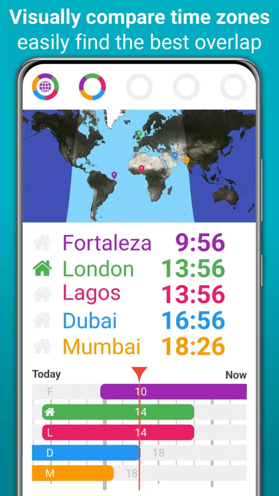 Capturas de tela do Horzono time zones world clock