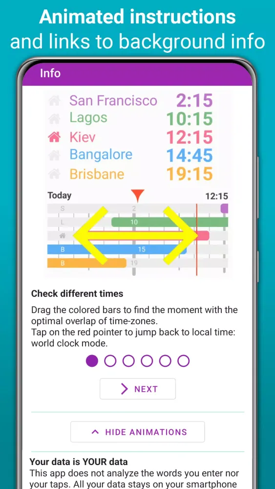 Capturas de tela do Horzono time zones world clock