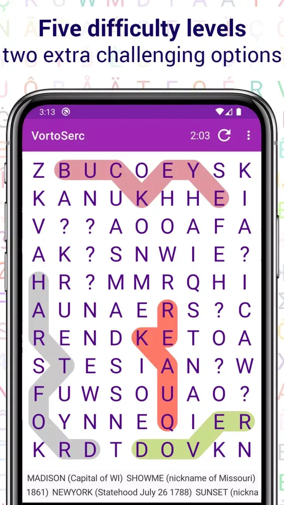 Capturas de pantalla de Vortoserc word search puzzle