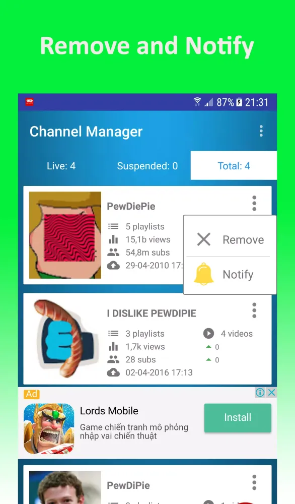 Channel Manager for Youtube Screenshots