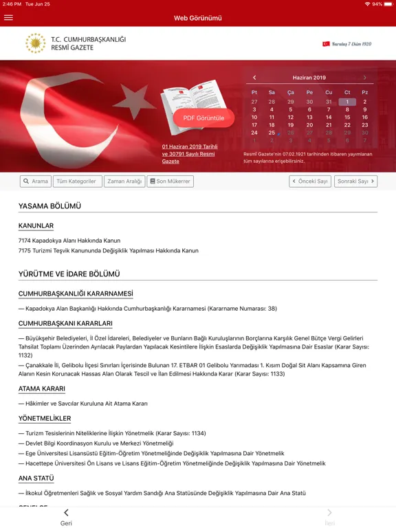 Tangkapan layar T.C. Resmi Gazete iPad 