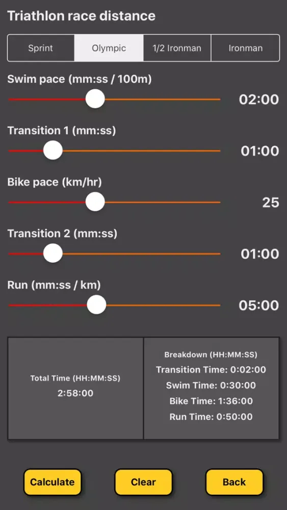 Capturas de tela do Triathlon Pace Calculator