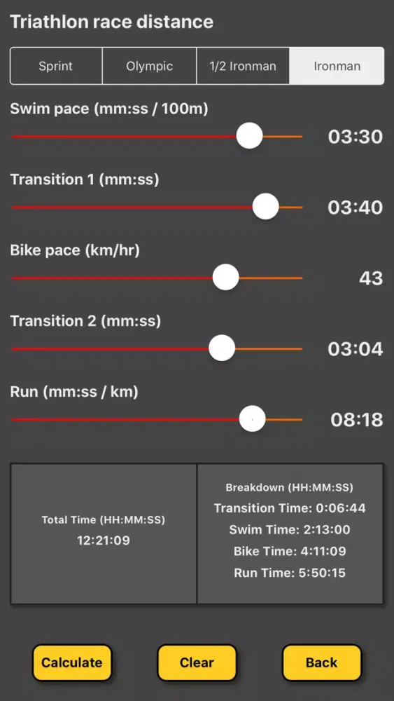 Capturas de tela do Triathlon Pace Calculator