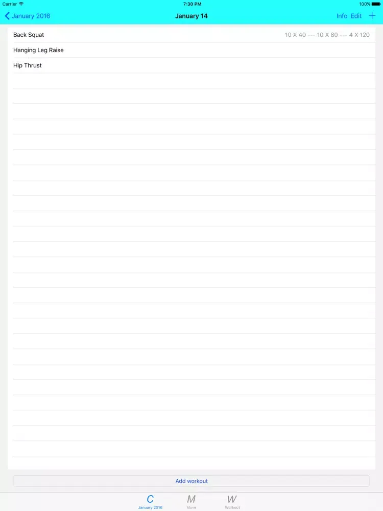 Ảnh chụp màn hình của GymCal iPad 