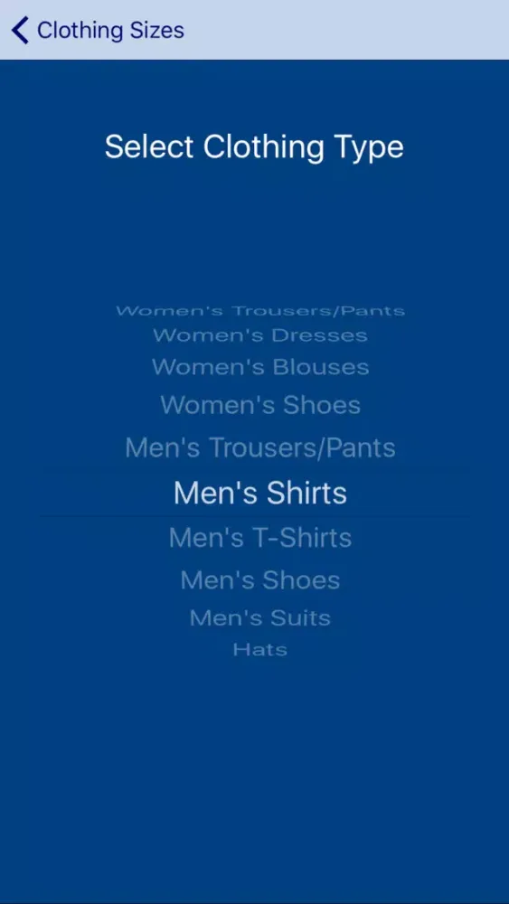 Ảnh chụp màn hình của Clothing Sizes